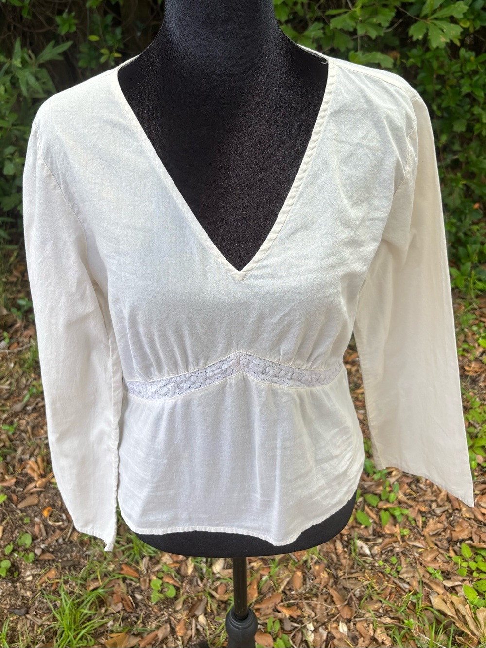 Cream Cotton V-neck Top with Bell Sleeves and Lace Detailing